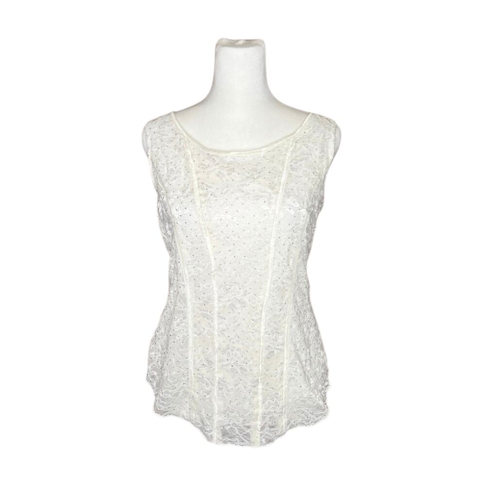 Vtg Y2K Dress Barn Lace Tank Top M Faux Corset Rhinestones Coquette Balletcore
